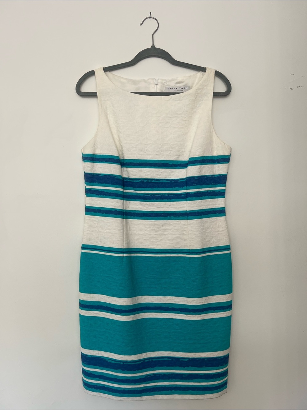 Trina Turk White, Teal & Blue Striped Midi Sheath Dress